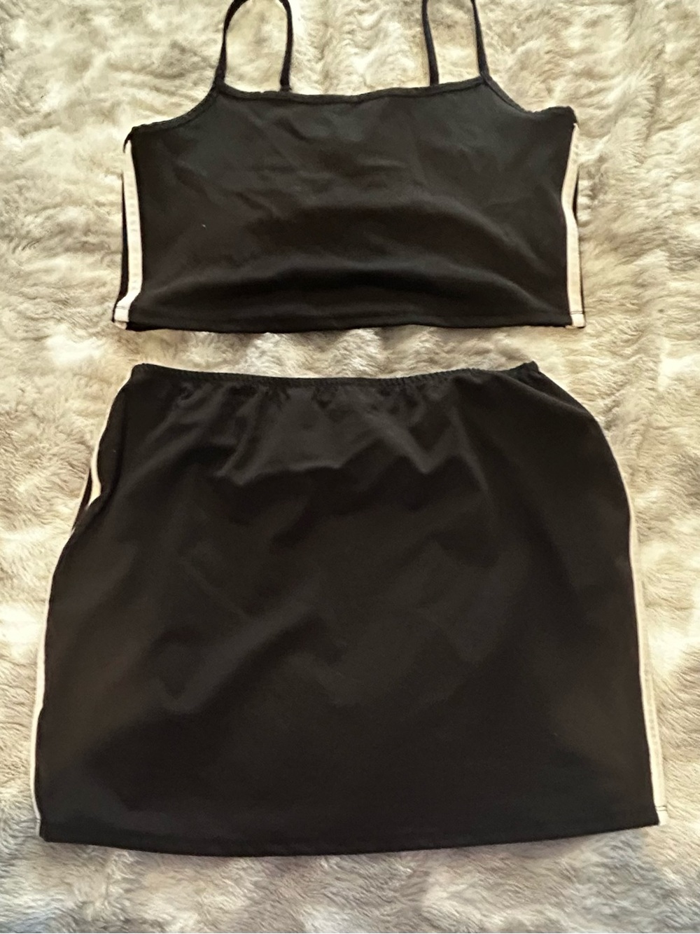 Black Mini Dress with White Side Trim — Sleek Two-Piece Style
